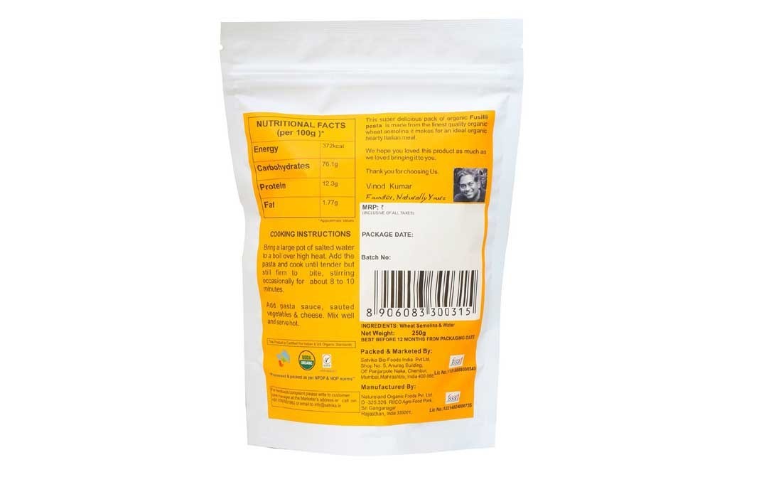 Naturally yours Organic Fusilli Pasta    Pack  250 grams